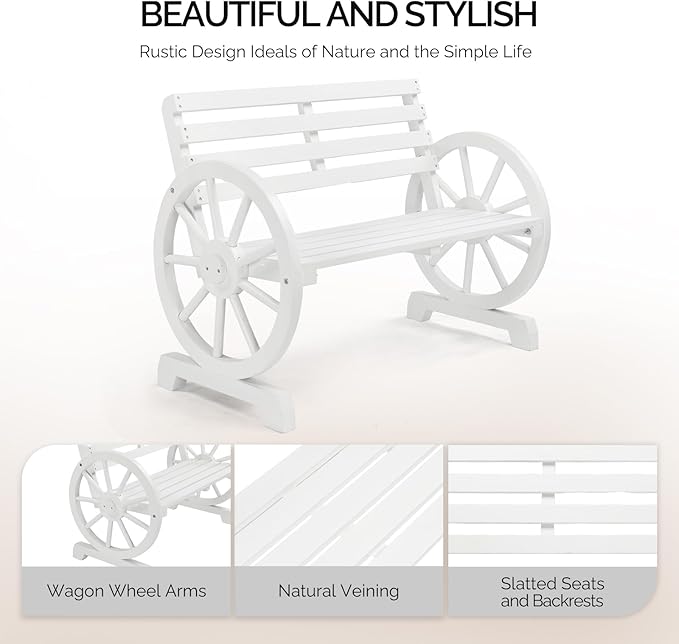 VINGLI Rustic Wooden Wheel Bench Outdoor Bench, Patio Bench Wagon Slatted Seat - Image 4