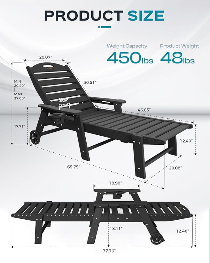 Outdoor Lounge Chair Set of 4, All Weather Patio Chaise Lounge Chair - Image 3