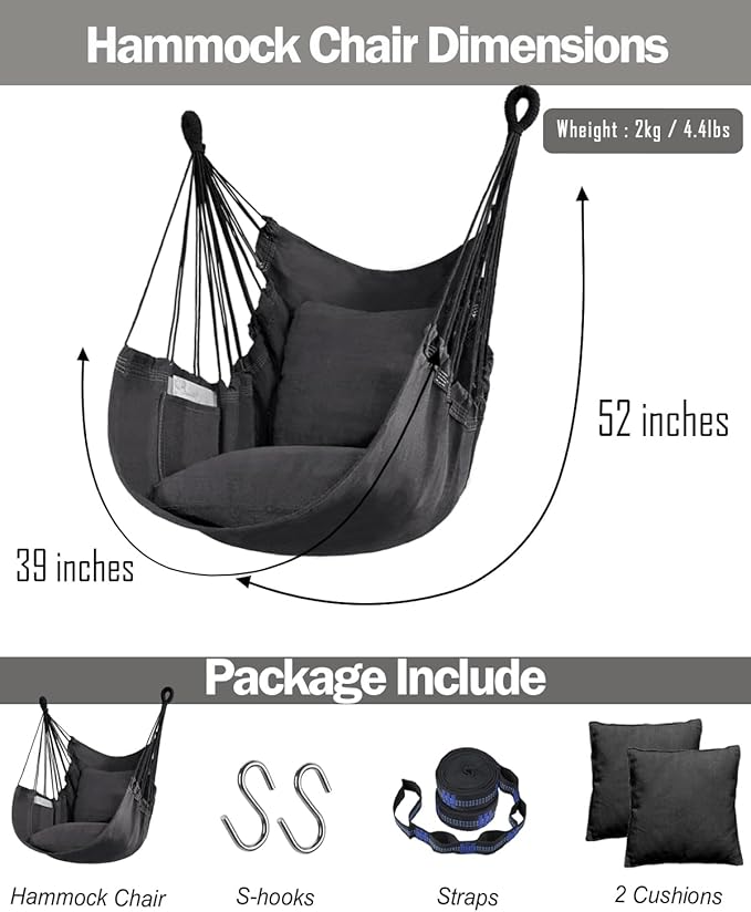 Halalona Hammock Chair Hanging Hammock Chair Rope Swing 2 Cushions - Image 7