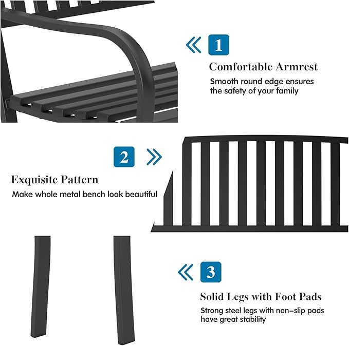 On Shine 50'' Outdoor Bench Weatherproof, Cast Iron All Metal Frame Garden Bench - Image 5