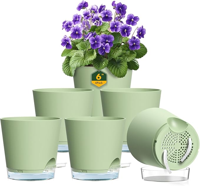 6 inch Self Watering Pots for Indoor Outdoor Plants, 6 Pack Flower Plant Pots by Meowell