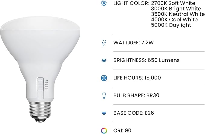 Feit Electric BR30 LED Flood Light Bulb, 65W Equivalent, Adjustable White - Image 2