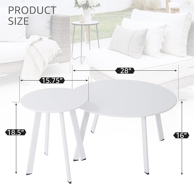 Outdoor Patio Coffee Table Set of 2, Weather Resistant End Table, Round Nesting - Image 3