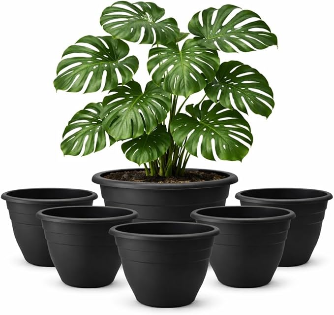 16 Inch Plant Pots Indoor Outdoor, 6 Pack Black Plastic Planters by RooTrimmer