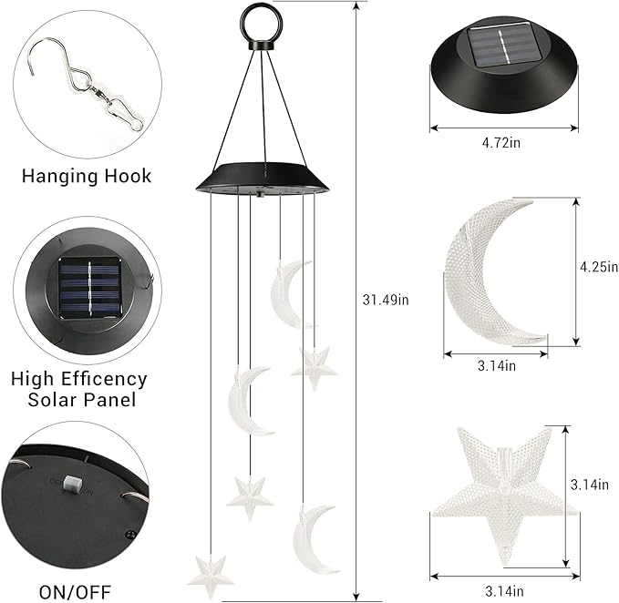 Toodour Solar Wind Chimes, Color Changing Wind Chimes Moon and Star, LED - Image 7
