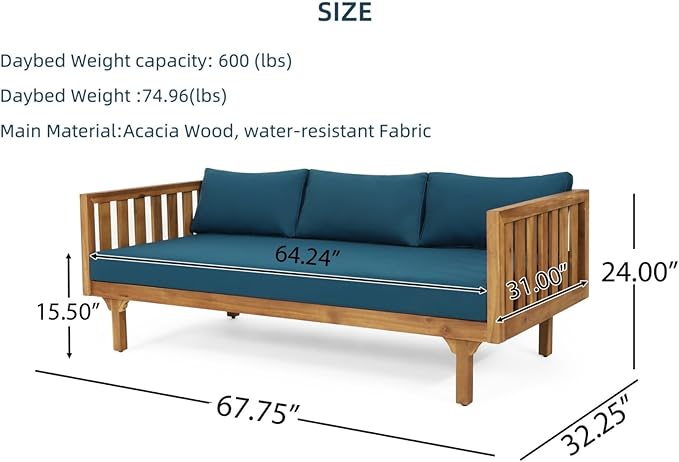 Merax Solid Acacia Wood Couch Chaise Lounge Chair Indoor, 3 Seater Daybed Sofa - Image 2