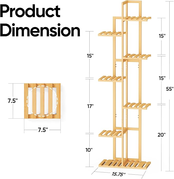 ROSSNY 55 Inch Tall Plant Stand Indoor, 7 Tier 8 Potted Bamboo Plant Stands - Image 2