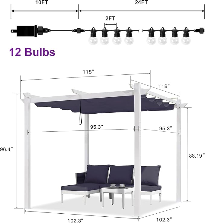 PURPLE LEAF 10' x 10' Outdoor Aluminum Pergola White Heavy-Duty Retractable - Image 6
