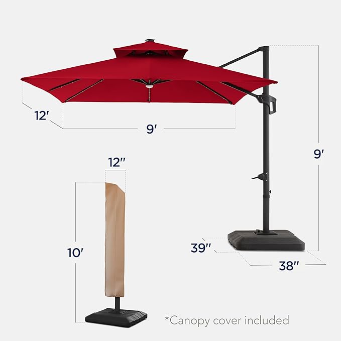 Best Choice Products 9x12ft LED Cantilever Patio Umbrella w/Base Included & - Image 2