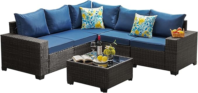 6 Pieces Patio Furniture Set All-Weather Outdoor Wicker Sectional Conversation - Image 9