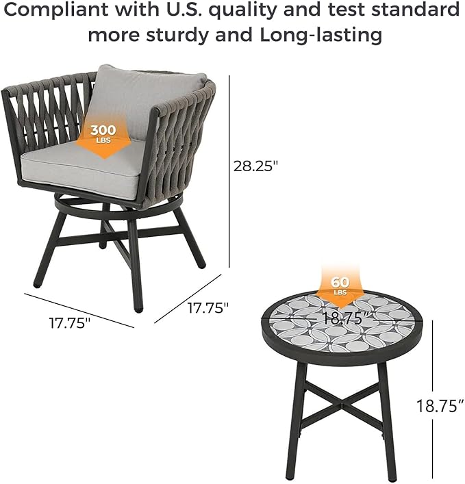 Grand patio Dining Chair Set of 3, Swivel Rope Armchairs - Image 2