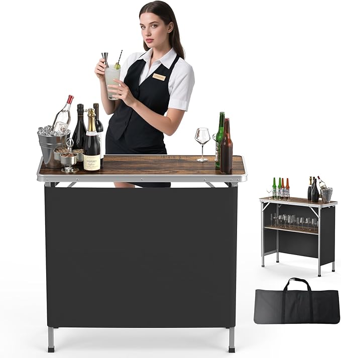 VINGLI Portable Bar Table, 2-Tier Shelves, Mobile Bar Table by VINGLI