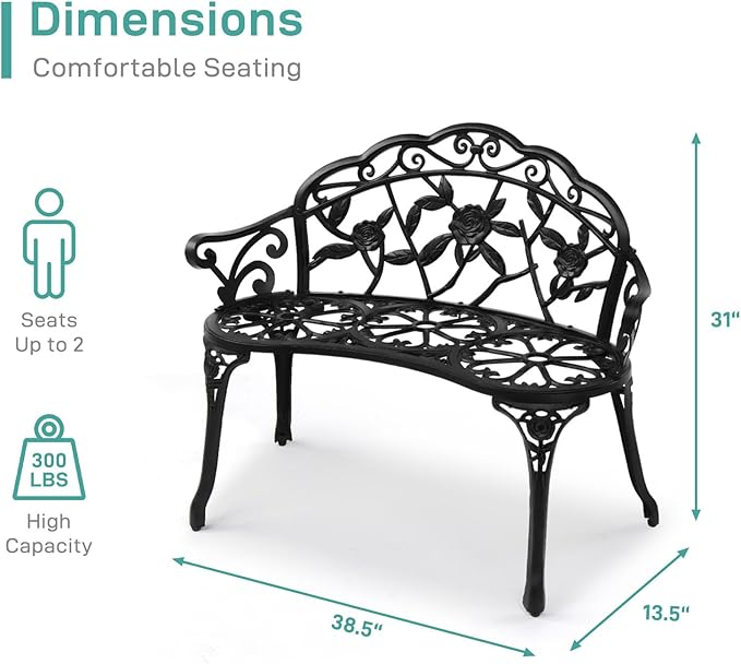 VINGLI 38.5" Patio Park Garden Outdoor Metal Rose Bench, 2-Person Cast Iron - Image 3