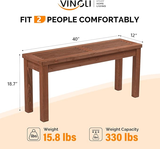 VINGLI Outdoor Wooden Bench, 40” Porch Bench Outdoor Backless Garden Bench - Image 3