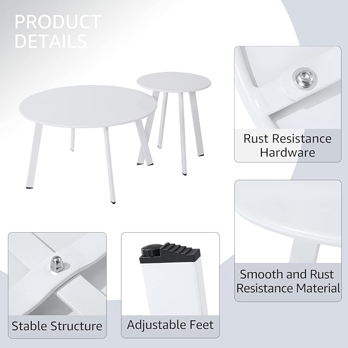Outdoor Patio Coffee Table Set of 2, Weather Resistant End Table, Round Nesting - Image 5