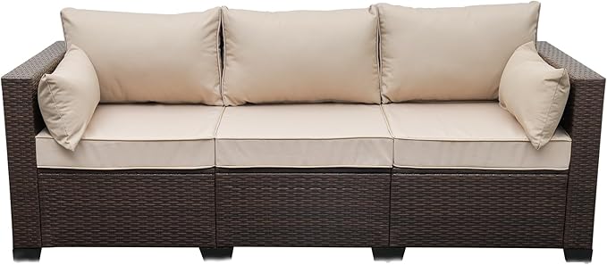 WAROOM Patio Couch PE Rattan 3-Seat Outdoor Sofa Brown Wicker Furniture Set by WAROOM