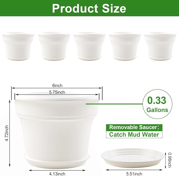 6 Inch Plastic-Flower Pot-for-Indoor Plants, 6 Pack Outdoor Plant Pots - Image 3