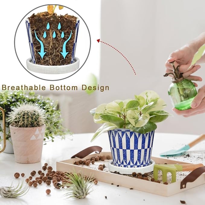 Small Ceramic Pots for Plants, 4.7 inch Blue and White Plant Pot Indoor - Image 4