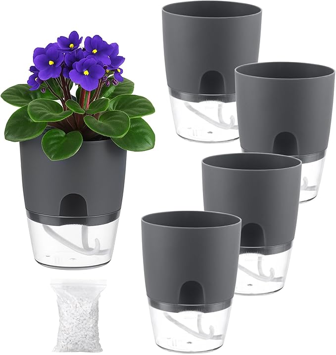 5 Pack Self Watering Pots for Indoor Plants, PlanterHoma 4 Inch Plant Pot by Planterhoma