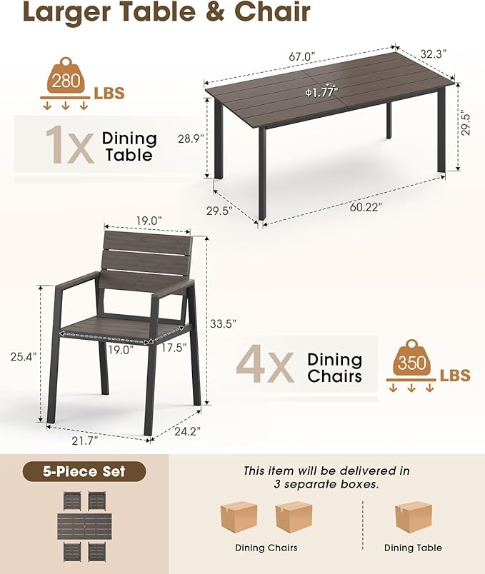 Outdoor Patio Dining Sets, Aluminum 5 Piece HDPS Outdoor Dining Table and - Image 6