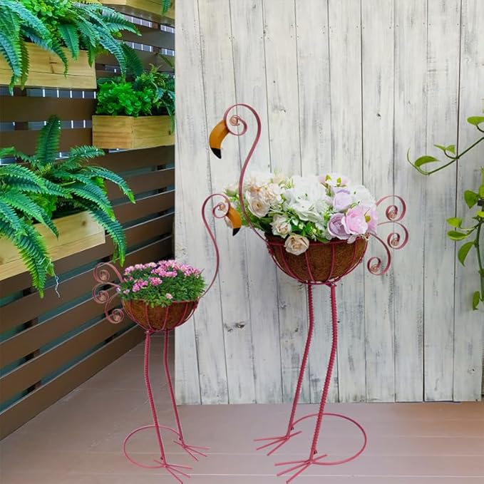 Metal Flamingo Planter with Basket -Garden Bird Planters - Image 8