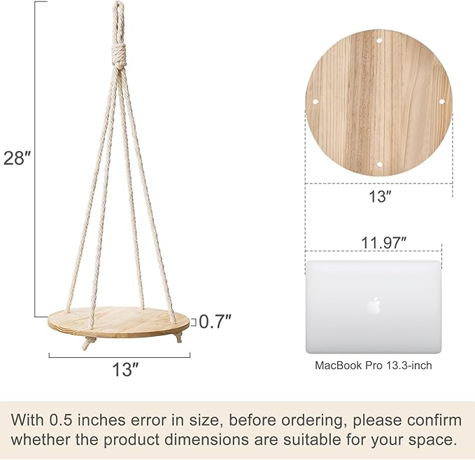 Dahey Hanging Plant Shelf Round Wood Rope Hanging Floating Shelf Boho Home - Image 3