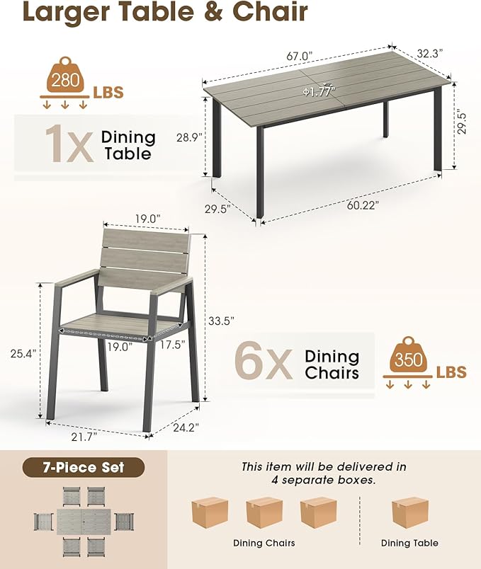 Outdoor Patio Dining Set for 6, Aluminum 7 Piece HDPS Patio Table and Chairs Set - Image 6
