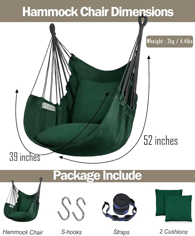 Halalona Hammock Chair Hanging Hammock Chair Rope Swing 2 Cushions - Image 6