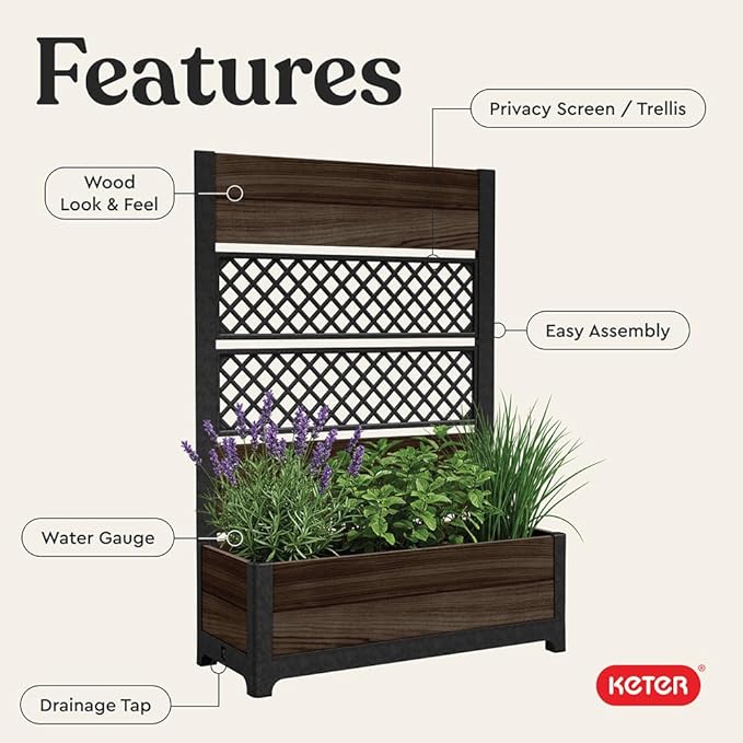 Keter Outdoor Planter Box with Privacy Screen and Trellis – 26 Gallon Raised - Image 2