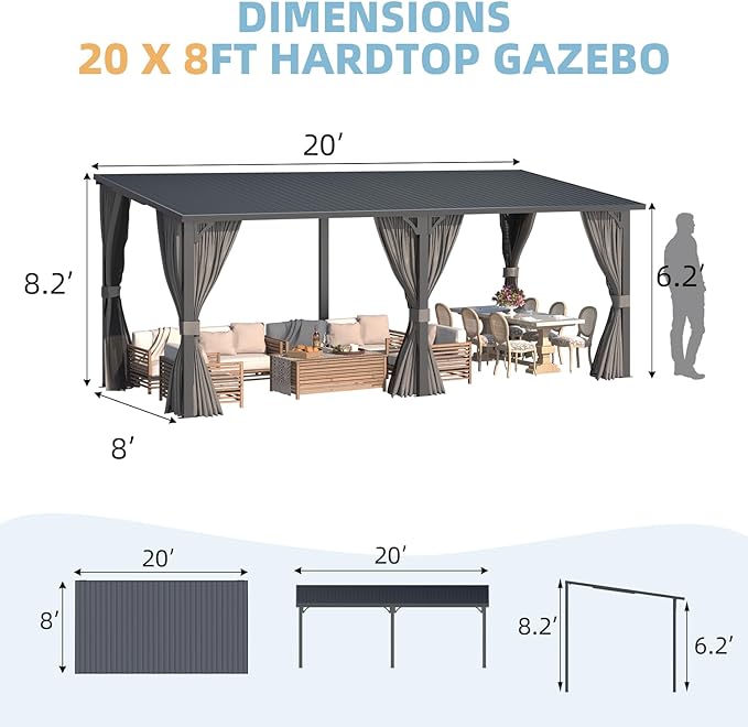 AECOJOY 20'x8' Outdoor Hardtop Metal Gazebo - Image 6