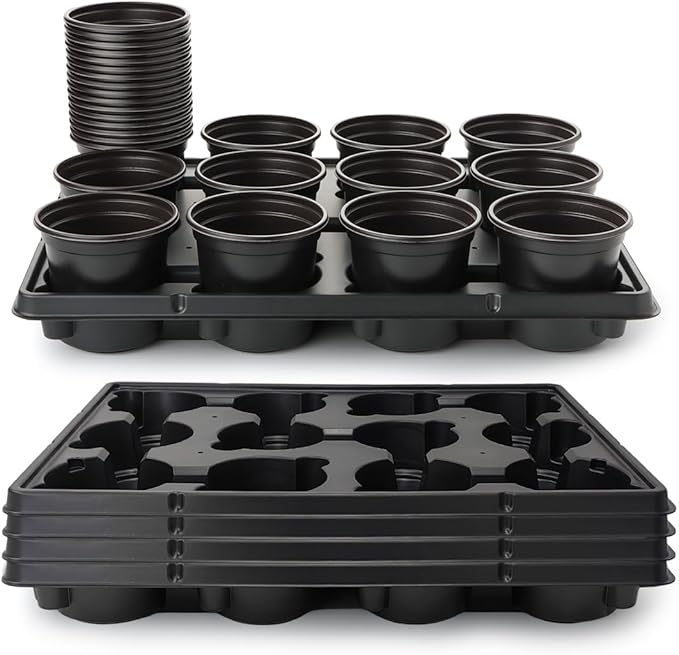 4 Inch Plastic Plant Pots 60 Pcs and 12 Cell Nursery Pots Trays 5 Pcs, Thick by RooTrimmer