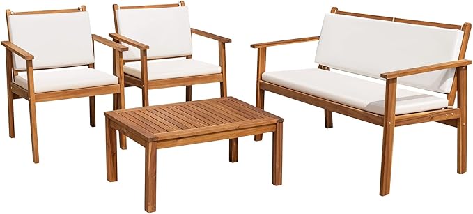 Flamaker Patio Furniture 4 Piece Outdoor Acacia Wood Patio Conversation Sofa Set by Flamaker