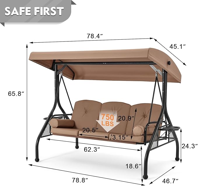 HOMREST 3 Seat Outdoor Porch Swing - Image 6