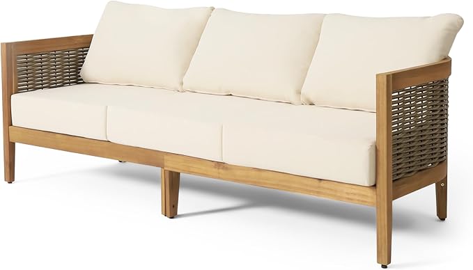 Merax 76.5" Outdoor Acacia Wood Wicker 3 Seater Sofa, Patio Furniture Couch - Image 6