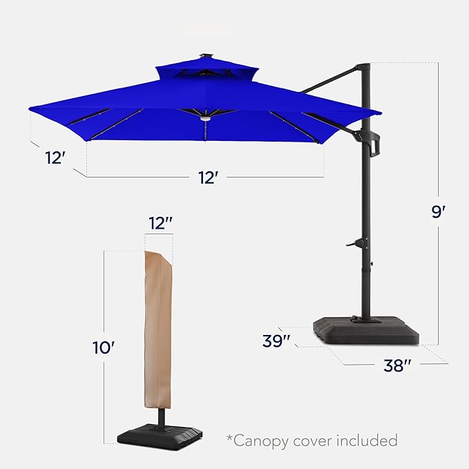 Best Choice Products 12x12ft LED Cantilever Patio Umbrella w/Base Included & - Image 2