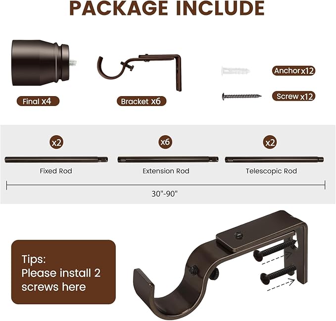 2 PACK 1” Diameter brown curtain rod Itself is 30 to 90 inch. 1 Pack Fits 30-84 - Image 2