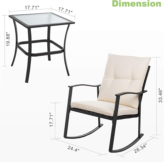 Vongrasig 3 Piece Outdoor Rocking Chair Set, PE Wicker Rattan Small Bistro Set - Image 2