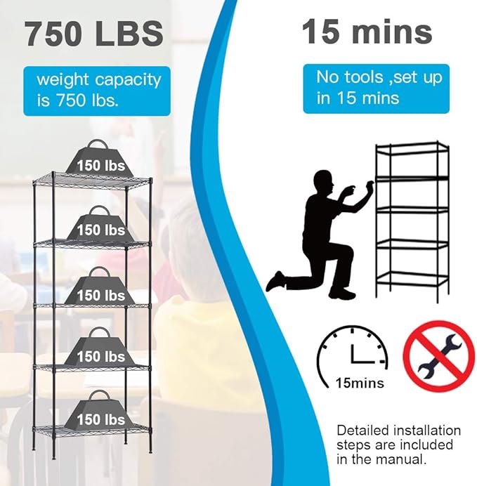 BestOffice | 5-Tier Wire Storage Shelves | 14x24x60 | Black| Heavy-Duty Metal - Image 5