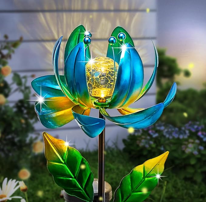 Solar Yard Lights Wind Spinners- Metal Lotus Flower Garden Decor LED Crackle by SUCUY