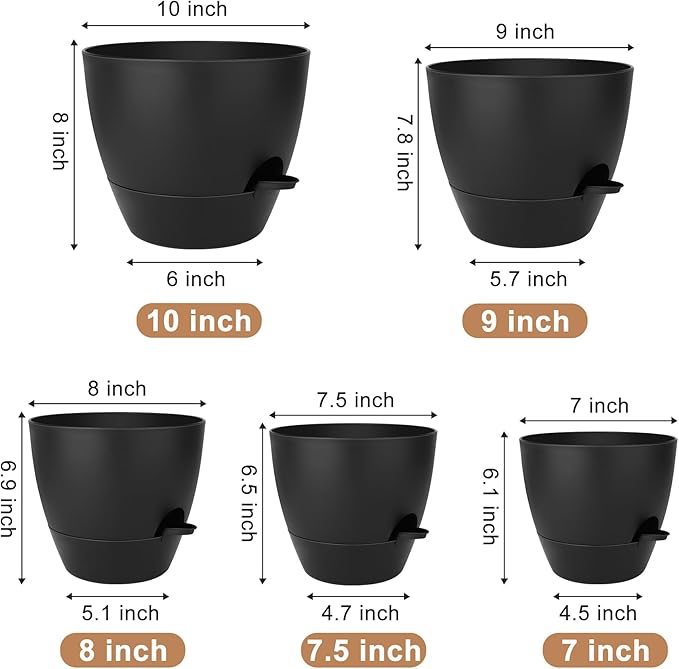 Plant Pots 10/9/8/7.5/7 Inch Self Watering Pots, Plastic Flower Pots, Nursery - Image 3