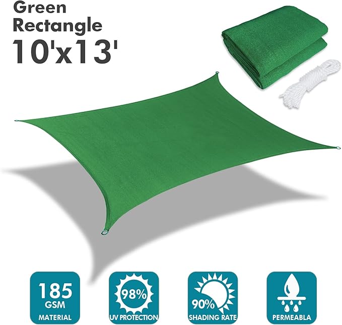 KANAGAWA Sun Shade Sail 10'x13' Dark Green Rectangle UV Block Canopy Awning - Image 2