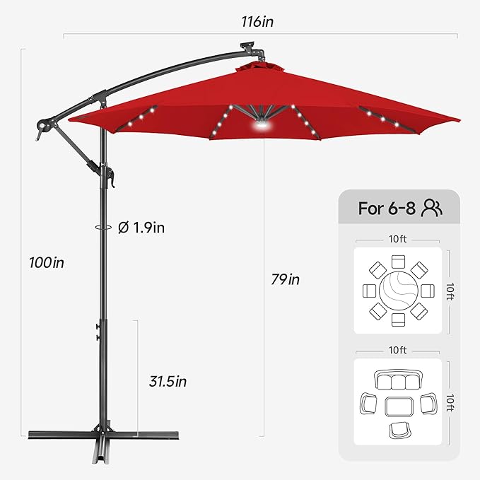 Solar Offset Patio Umbrella - 10 ft Solar Cantilever Umbrella Outdoor - Image 2