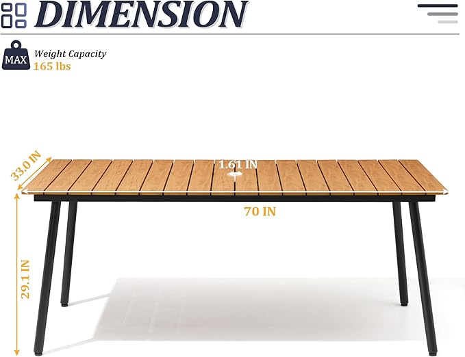 70" Patio Outdoor Dining Table for 4-6, Weather-Resistant Wood-Grain Top - Image 3
