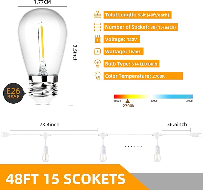 96FT Outdoor String Lights, Commercial Grade Heavy Duty White Wire Patio Light - Image 6