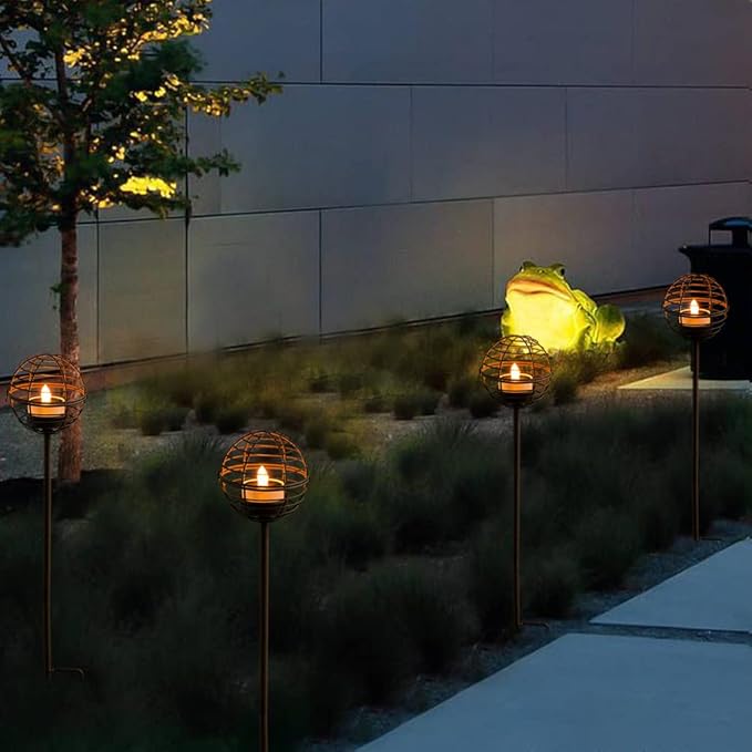 Solar Pathway Lights Outdoor, Rust Iron Ball Candle Holder Stake - Image 5
