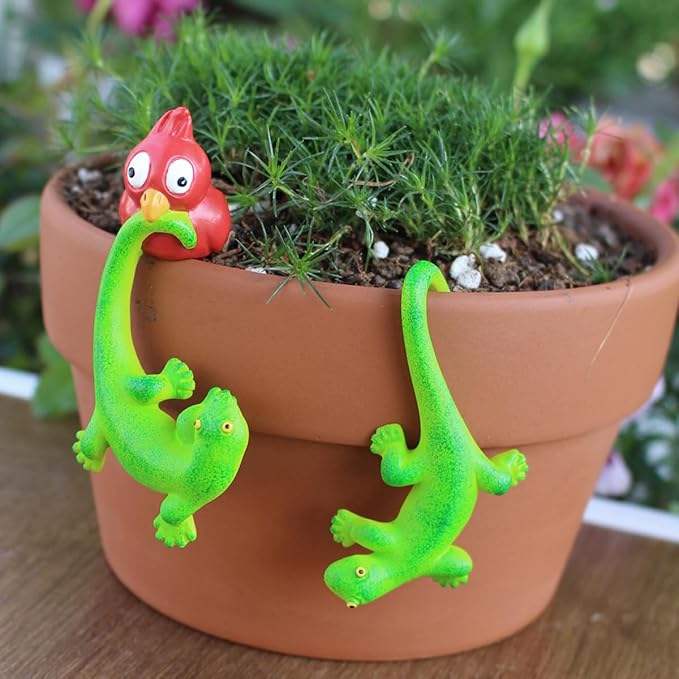 Set of 2 Funny Bird Catching Gecko Figurines Flower Pot and Vase Hugger by JARPSIRY