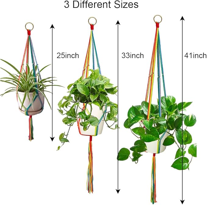 Rainbow Macrame Plant Hangers Indoor Outdoor, 3 Pack Different Size Flower Pot - Image 7
