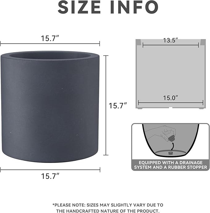 Kante 15.7" Dia Round Concrete Planter, Modern Style Large Cylindrical Plant Pot - Image 3