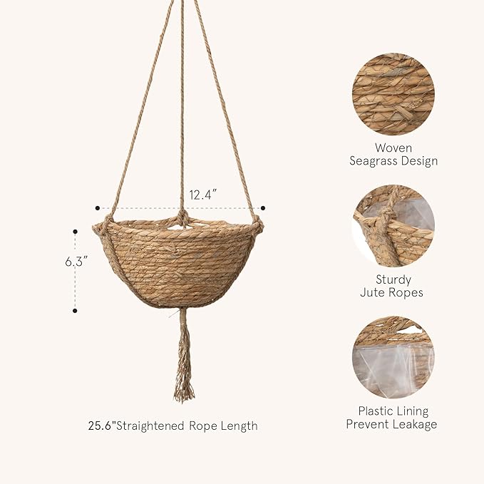 Natural Seagrass Hanging Planter Basket Set, Indoor Plant Pots, Boho Decor - Image 6