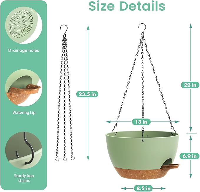 13 Inch 2 Pack Large Self Watering Hanging Planters - Image 5